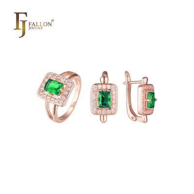 China High Quality Jewelry Set F81200248 FJ Fallon Fashion Jewelry Emerald Cut Stone Halo Paved White CZ Rings Rose Gold Plated Jewelry Set Brass Based for sale