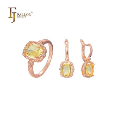 China F81200549 FJ Fallon Fashion Jewelry Halo FASHION Green CZ Cut Rings Rose Gold Based Brass Plated Jewelry Set for sale