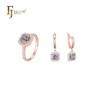 China F91200538 FJ Fallon Fashion Jewelry Colorful Halo CZ Jewelry Set Rose Gold Two Tone Brass Plated Solitaire Based for sale