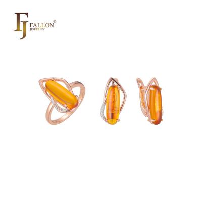 China F91200505 FJ Fallon Fashion Jewelry FASHIONABLE Big Orange CZ Solitaire Jewelry Set Rose Gold Two Tone Brass Plated Based for sale