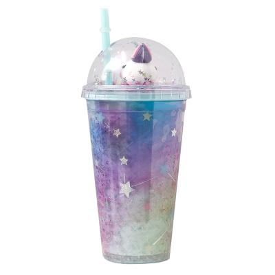 China Viable Creative Cartoon Unicorn Ice Cup Cute Plastic Colorful Straw Water Cup for sale