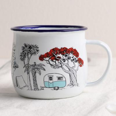 China Viable Hand Painted Bus Scenery Enamel Coffee Mug Thickened Big Belly Enamel Mug for sale