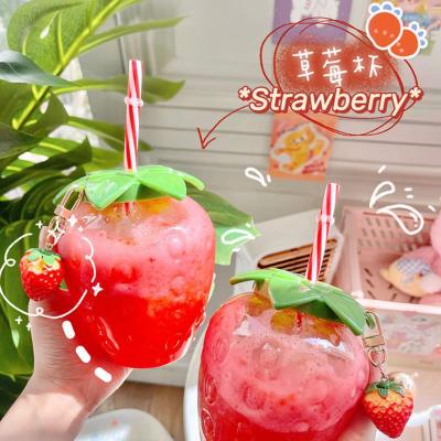 China Custom Viable 3D Strawberry Water Fruit Juice Supplier Plastic Mugs Milk Tea Drinks Cup PP Cup With Straw for sale