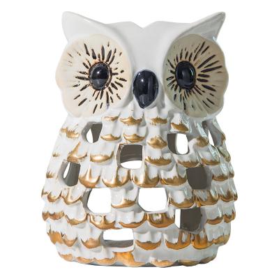 China Vintage Minimalist White Gold Ceramic Owl Design Decorative Tealight Candle Holders for sale