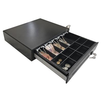 China Black Color 410 POS Money Box with Heavy Duty with Removable Cash Tray,Coin Tray and 3 position Lock Metal Cash Drawer for sale