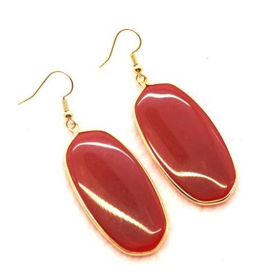 China Gold Plated Brass Color Dark Red Jade Oval Spring Hoop Earrings for sale