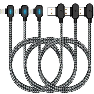 China Mobile Phone Charger Cable LED 90 Degree Right Angle Nylon Braided Gaming USB Charging/Sync Cable Compatible For Phone Data Cable (10FT) for sale