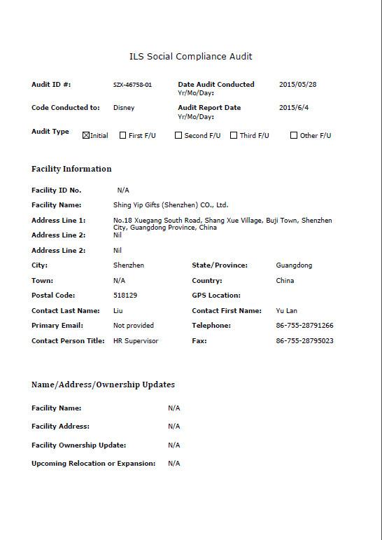 Disney Audit Report - Tung wing electronics（shenzhen) co.,ltd