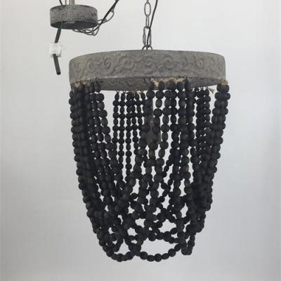 China Residential Country Farmhouse Antique Aged Iron Chandeliers With Black Wood Beads for sale