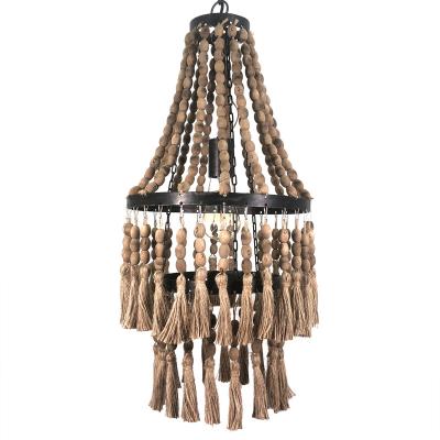 China Residential Wood and Rope Beaded Chandelier Pendant Lamp for Home for sale