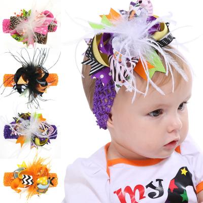 China Newest Halloween Children's Bow Hair Accessories Baby Feather Bow Headband Hairpin Color Dual Use Infant Headband for sale