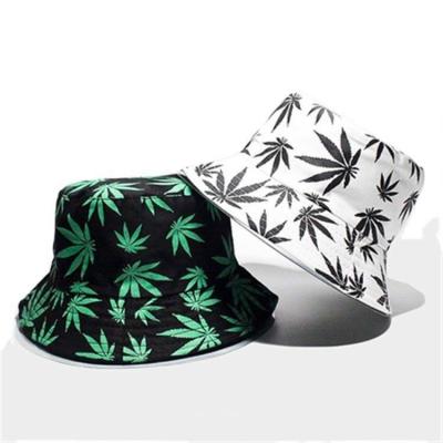 China Image Summer Mens Womens Leaf Adult Fisherman Printed Cotton Reversible Wide Brim Bucket Hat for sale