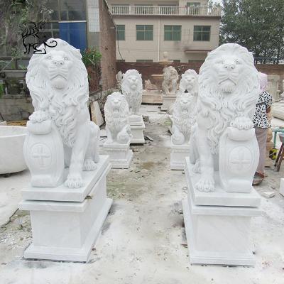 China Large Modern Decorative Outdoor Hand Carving Life Size Marble Entrance Lion Statue With Stone Garden Shield for sale