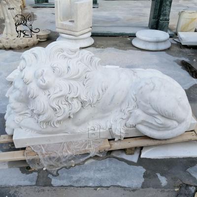 China Modern Outdoor Stone Garden Sculpture Natural White Marble Lion Sleeping Lion Animal Statue For Sale for sale