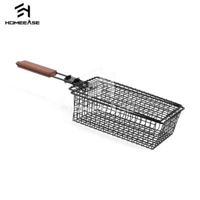 China Easily Cleaned Wooden Handle Grilling Net Meats Barbecue Grilling Baskets for sale