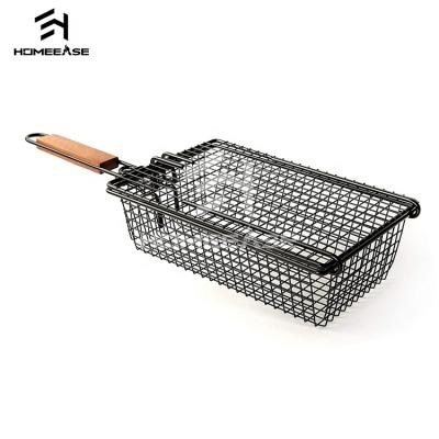 China Easily Cleaned Cooking Extended Foldable Outdoor French Fries Grilling Basket With Wooden Handles for sale