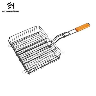 China Easily Cleaned Outdoor Rectangular Pan Barbecue Tools Large Mesh Barbecue Wood Handle Large Fish Grilling Basket for sale