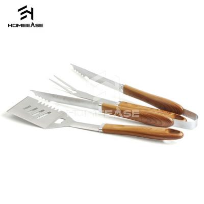 China Restaurant Simple Home Style Grain PP Handle Barbecue Set 3 Pcs BBQ Tool Kit Easily Cleaned Wood Grill for sale