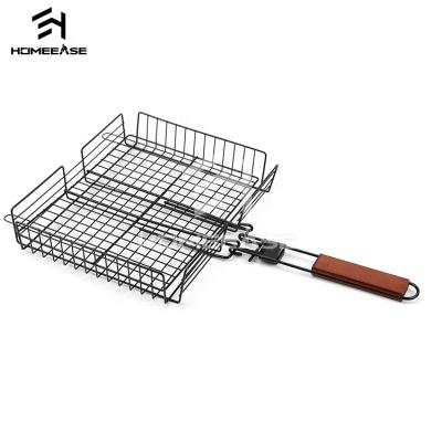 China Folding Heavy Duty Reusable Non-Stick Lockable Vegetable Handle Easy Spin Easily Cleaned BBQ Grill Wooden Basket for sale