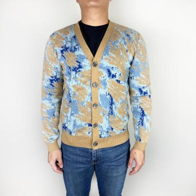 China NEW Machine Paint Abstract Fashion Washable Jacquard Knit Mens Cardigan Sweater for sale