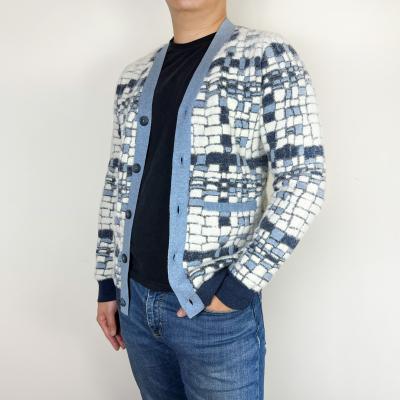 China NEW Machine Paint Abstract Fashion Washable Jacquard Knit Mens Cardigan Sweater for sale