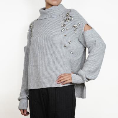 China New Arrival 2022 Factory Direct Machine Washable Beading Cut Out Sweater Pullover For Women for sale