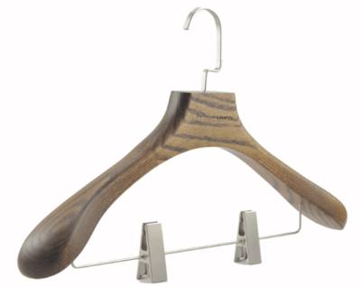 China SHOW Antique Brown Ash Wood Coat Hanger with High Quality Chrome Clasps for sale