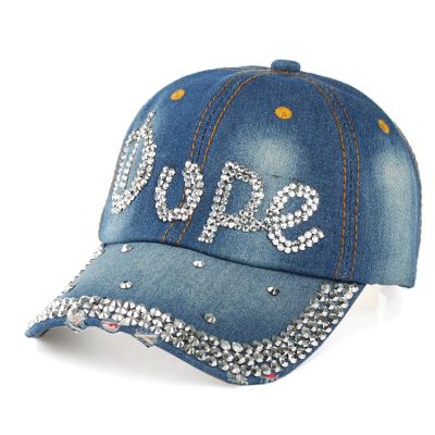 China JOINT Custom Fashion Solid Rhinestone Washed Cowboy 6 Panel Baseball Cap Dad Hat for sale