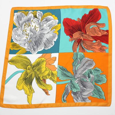 China Colorful Colorful Flower Printed Square Satin Bandana Silk Neck Scarf 53*53CM for sale