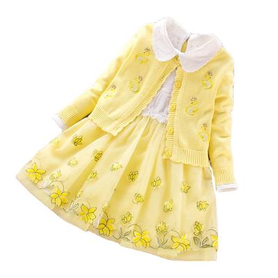 China 2021 Wholesale Anti-Shrink Embroidery Crew Cardigan And Lovely Long Sleeve Dress 2 Pcs Set For Girls for sale