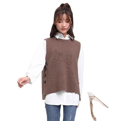 China Anti-wrinkle factory wholesale ladies knitted sweater fashion crew neck sweater vest with button and bow for sale