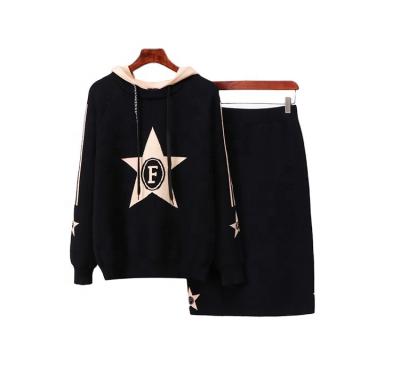 China Anti-Shrink In Stock 2021 Autumn Winter Long Sleeve Hooded Knit Casual Sweater Top Skirt Two Piece Set 2 Piece Sets For Women for sale