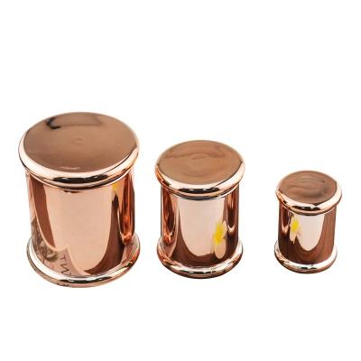 China Factory supply home decoration different sizes and custom logo available glass mounted gold metallic candle container with lids for sale