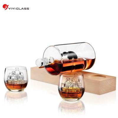 China Sustainable Glass Whiskey Decanter Set With 2 Shot Glasses And Wooden Base For Whiskey Vodka Liquor Whiskey Glasses for sale