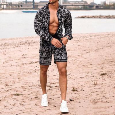 China 2021 Summer Fashion Casual Beach Men's QUICK DRY Print Long Sleeve Men's Suits Shirt Shorts Set for sale