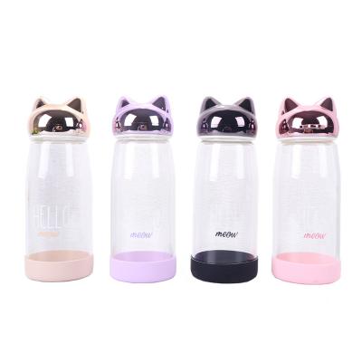 China 380ML Viable Cute Fresh Cat Beverage Cup Bottles Transparent Single Layer Glass Drinking Water Bottle for sale