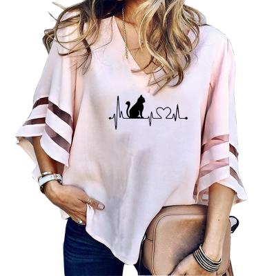 China Anti-pilling women's blouses flared sheath ladies blouses shirt summer color Mesh Fashion Design Loose Soild for sale