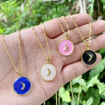 China JINLOU Ethnic Jewelry Fashion Simple Gold Color Coin Enamel Moon Shape Round Pendant Necklace for sale