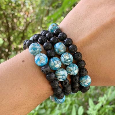 China Wholesale Blue Translucent Stone Bracelet Men's Ethnic Style Ocean Bead Stretch Stone Bracelet Set Wholesale for sale