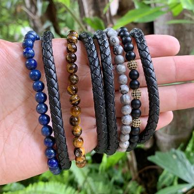 China Fashion Ethnic Men's Bracelet Volcanic Stone Beaded Leather Rope Magnetic Clasp Bracelet for sale