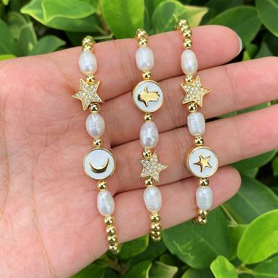 China Cute 18K Gold Plated Star Shape Zircon Stone Charm Elegant Natural Freshwater Pearl Bracelet for sale