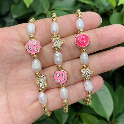 China Cute Girls Chains Acrylic Simple Pink Cute Smiley Bead Bracelet Cultured Freshwater Women Charm Bracelet for sale