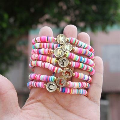 China New Boho Modern Handmade Letter Bangle Femme Candy Color Polymer Clay Elastic Charm Bracelet for sale