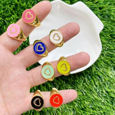 China Romantic Heart Shape Rainbow Enamel Finger Ring Adjustable Brass Jewelry For Women's Wear for sale