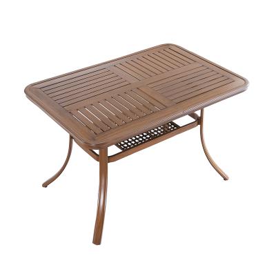 China Lightweight Custom Aluminum Garden Bistros Outdoor Square Metal Grain Wood Table Slat Furniture Patio Table and Coffee Table Chairs for sale