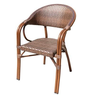 China Hot Selling Modern PE Rattan Wood Grain Patio Cafe Aluminum Chair Waterproof Aluminum Frame Rattan Dining Rattan Chair for sale