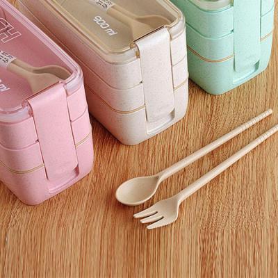 China New Classic/Postmodern Wheat And Straw Grade Material Lunch Boxes 3 Layers Container Food Student Bento Box With Spoon And Fork for sale