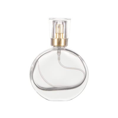 China Custom Unique Refillable Round 30ml 50ml Glass Cosmetic Empty Clear Flat Perfume Bottles For Perfume for sale