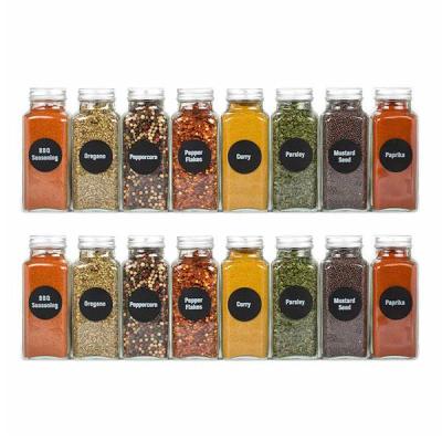 China Custom Airtight Chalkboard Clear Label Viable Pour 4oz Square Spice Bottles Glass Spice Jars With Silver Metal Lids Sieve Shakers for sale