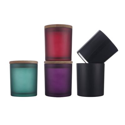 China Home Decoration Empty Frosted Iridescent Matte Black Cylinder 200ml Candle Glass Jars With Bamboo Wooden Lids for sale